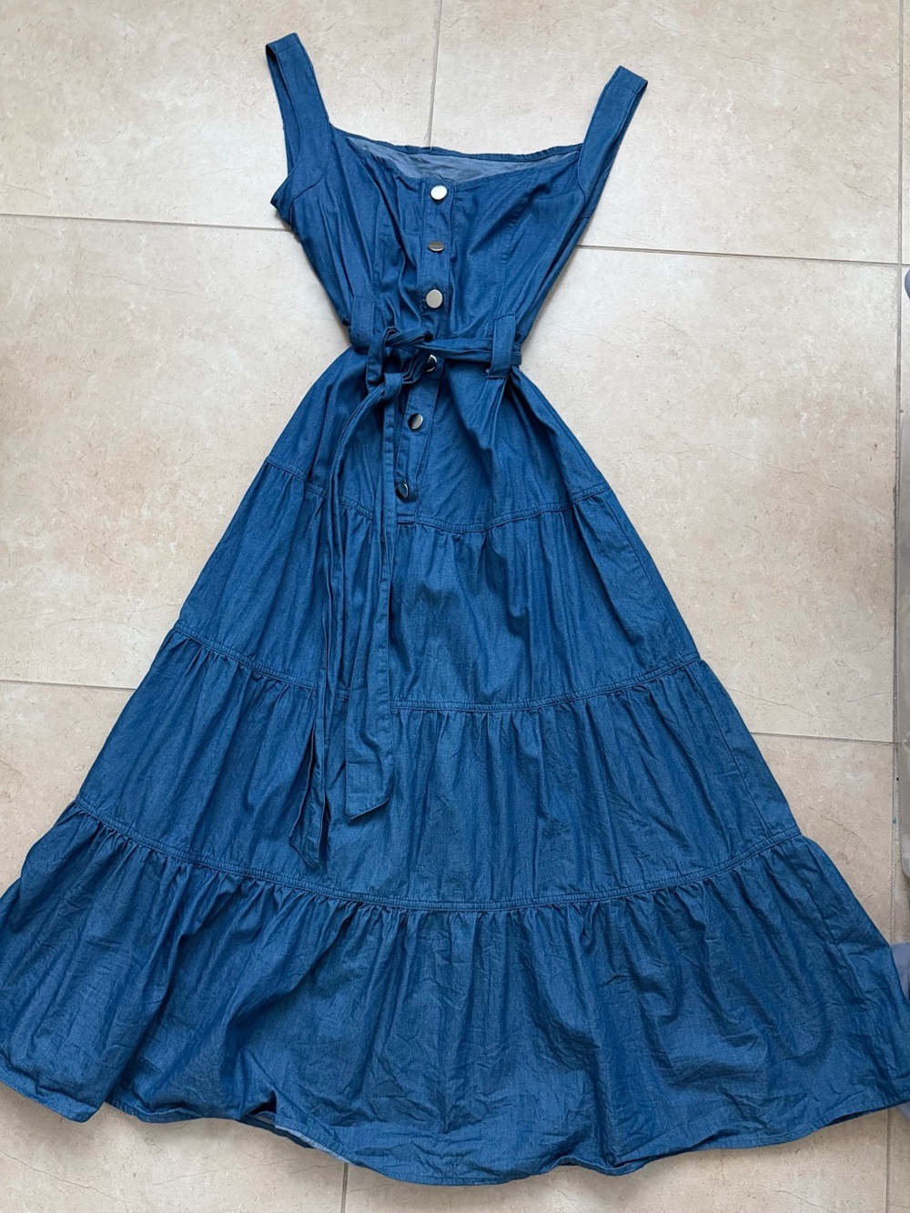 Blue Tiered Button-Front Maxi Dress with Waist Tie